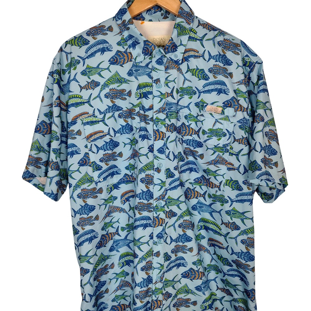 Ocean Coast Men XL Blue Fish Print Vented Performance Fishing Shirt Short Sleeve